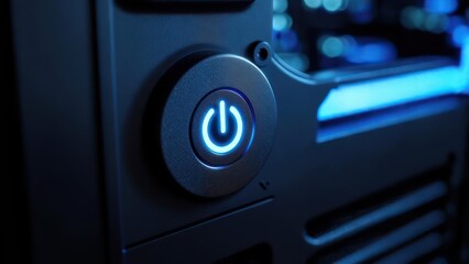 Close up of a glowing blue power button on a computer case.