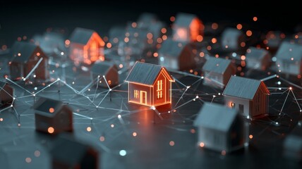 Digital smart city concept with interconnected glowing houses connected by futuristic network lines representing iot technology, intelligent urban infrastructure, data connectivity, smart homes, and a