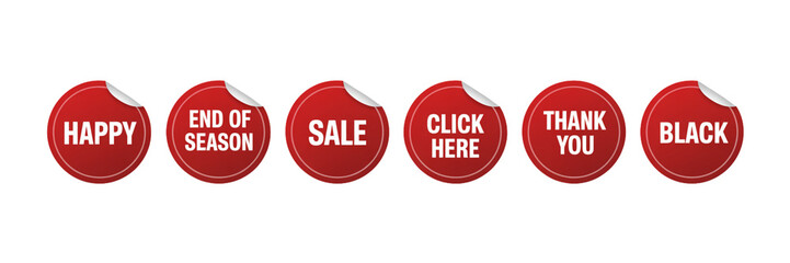 Collection of red promotional stickers with various sales and marketing messages isolated on transparent background