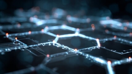 Interconnected digital components and glowing circuits visualizing blockchain technology, futuristic data networks and advanced decentralized systems concept