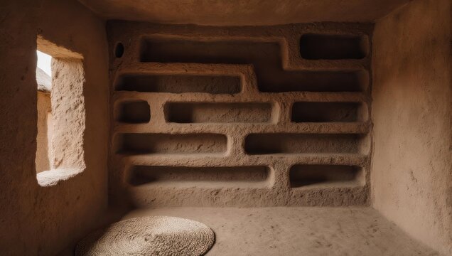 Ancient architectural interior with geometric shelves carved into the wall.