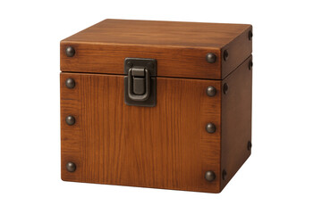 Vintage wooden box with metal latch and rivets, a small treasure chest for storage and secrets on transparent background