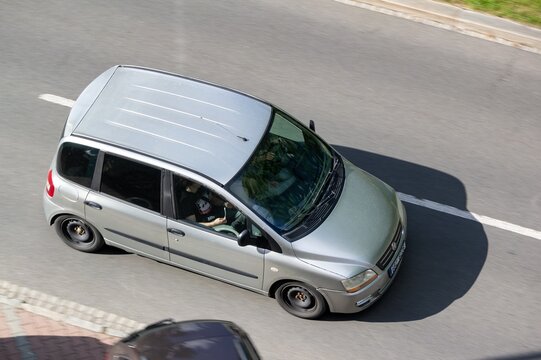 Silver Fiat Multipla MPV car, motion blur effect