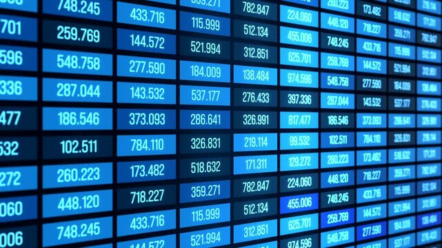 Lines of business data, spreadsheets, financial figures, prices, blue colored. Information, revenue, sales data, stock market research, financial report, strategy and planning. 3D animation