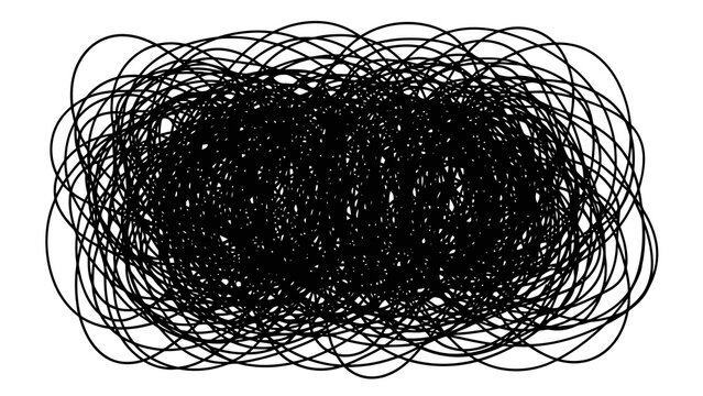 Abstract tangled scribble pattern of black lines on a white background, chaotic design