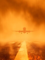 Naklejka premium Airplane landing amid fiery orange skies and smoke on runway
