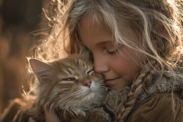 Girl cuddling her pet cat in soft natural light, showing tender moment of affection and warmth with gentle expressions and cozy clothing