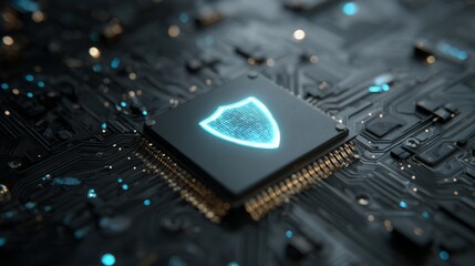 Futuristic cybersecurity concept with glowing shield icon on microchip representing digital data protection, network security, encryption, and advanced high-tech computing systems