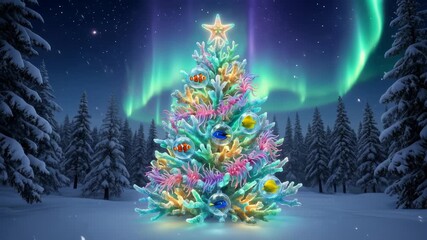 Surreal coral Christmas tree glowing under aurora borealis in snowy forest with swinging fish ornaments at night - Powered by Adobe