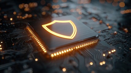 Futuristic cybersecurity concept with glowing shield icon on microchip representing digital data protection, network security, encryption, and advanced high-tech computing systems