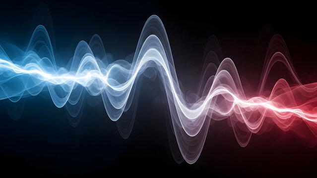 Abstract sound waves or electronic pulses in blue and red on a dark background. Concepts of music, audio, technology, physics, frequency, and energy. Dynamic digital equalizer
 - Powered by Adobe