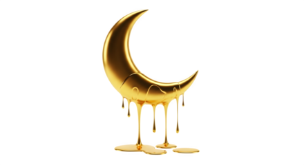 Golden crescent moon dripping liquid gold surreal and dreamlike isolated on transparent background