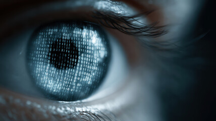 Human eye with digital pattern on iris - concept of uniqueness, identity, biometric identification, global control
