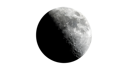 Detailed crescent moon phase isolated on transparent background showing craters and surface texture