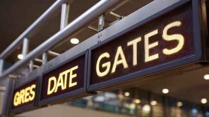 Fototapeta premium Medium shot focusing on a sleek digital flight information screen with animated transitions highlighting gate changes and delays to aid traveler navigation.