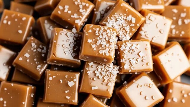 Artisan Caramels: A close-up shot of a pile of delicious artisan caramels, glistening under the light, each dusted with a sprinkle of sea salt. The perfect treat.
