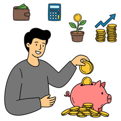 Saving money and investment concept of man putting coin in piggy bank with finance icons like calculator and growth chart. Vector illustration of personal budget and wealth management.
