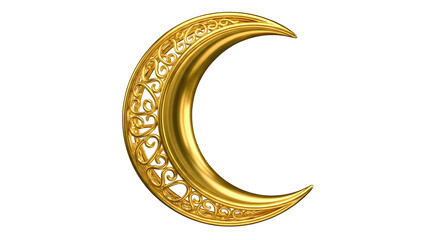 Golden crescent moon with intricate filigree design isolated on transparent background for islamic holiday