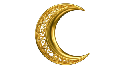 Golden crescent moon with intricate filigree design isolated on transparent background for islamic holiday