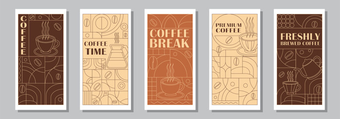 Coffee Themed Geometric Banners Collection. Hand drawn illustration of Coffee. Abstract geometric line background. Coffee icons, line design with simple shapes for coffee shops, product packaging, caf