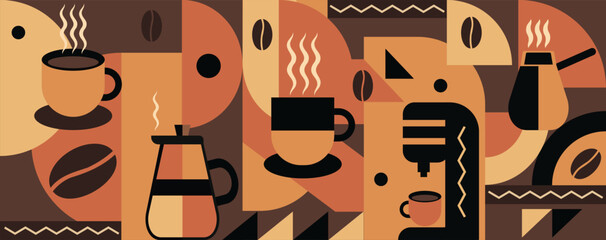 Coffee Themed Geometric seamless pattern. Abstract mosaic background. Coffee icons, line design with simple shapes for coffee shops, cafe walls, and menu.