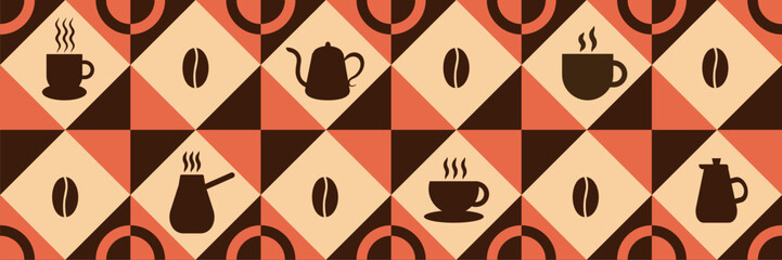 Coffee Themed Geometric seamless pattern. Abstract mosaic background. Coffee icons, line design with simple shapes for coffee shops, cafe walls, and menu.