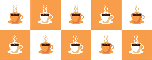 Coffee Themed Geometric seamless pattern. Abstract mosaic background. Coffee icons, line design with simple shapes for coffee shops, cafe walls, and menu.