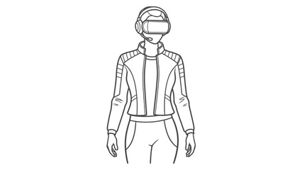 Person wearing vr headset and futuristic jacket, isolated on white, outline illustration