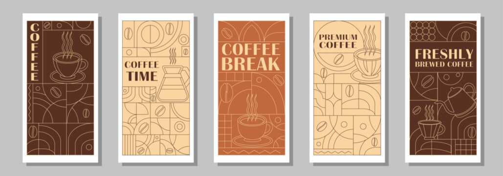 Coffee Themed Geometric Banners Collection. Hand drawn illustration of Coffee. Abstract geometric line background. Coffee icons, line design with simple shapes for coffee shops, product packaging