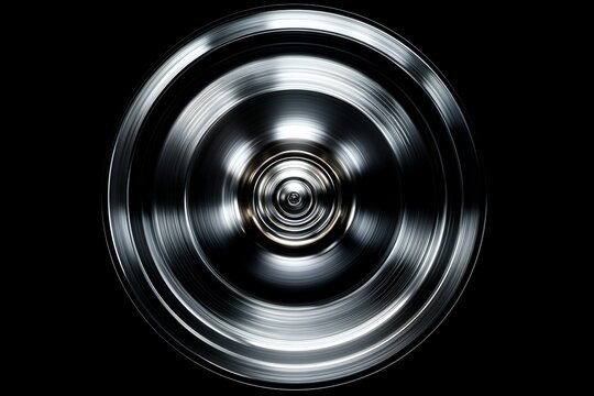 Abstract metallic spiral on black background with concentric circles
