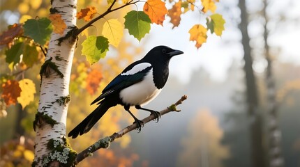 Magpie perched on birch tree branch in autumn forest with colorful leaves