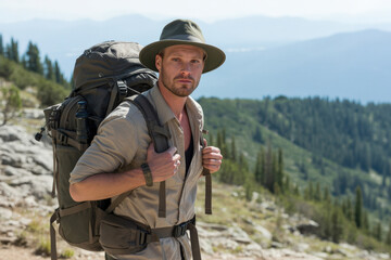 Close up portrait of a confident male explorer with a rugged look wearing a hiking hat and professional pack while trekking through a high altitude mountain range.