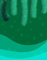 Winter forest background with hanging fir branches and snowflakes
