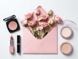Pink envelope holds carnations, surrounded by blush compacts and lipstick on minimalist white background.
