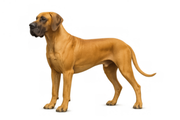 Great dane dog standing in profile, a purebred fawn giant breed with a noble and powerful stance, isolated on transparent background