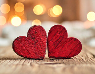 Two rustic red wooden hearts sit side by side on a weathered wooden surface with bokeh lights