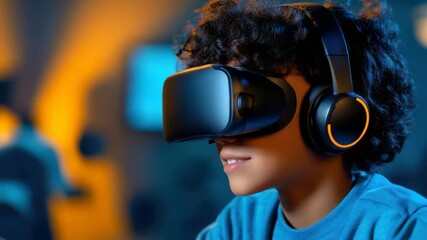 Immersed in Reality: A young boy, wearing virtual reality headset and headphones, experiencing digital world. Capturing the wonder and excitement of virtual immersion. - Powered by Adobe