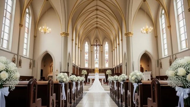 Architectural elegance of Church Interior: Capturing a bride in white dress walking down the aisle, the image shows a stunning display of architectural beauty. Embellished with beautiful adornments.