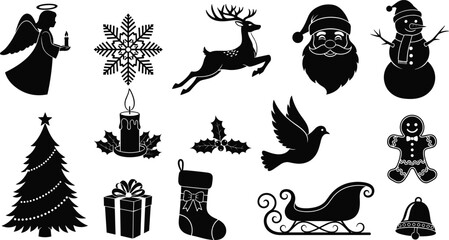 Christmas holiday silhouette icon set with Santa Claus reindeer snowman angel tree gift sleigh candle bell dove gingerbread festive decoration winter celebration symbols collection © Mursalatun