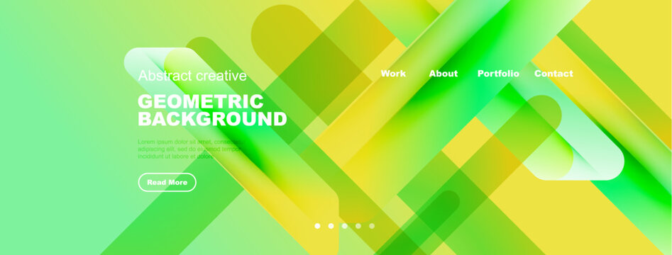 Vibrant geometric background features flowing shapes, gradients. Text elements include headings, navigation, button. Modern design aesthetic.