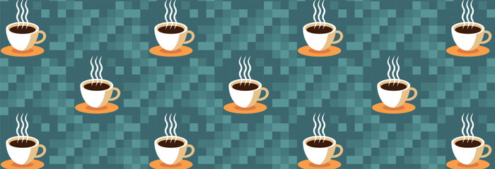 Coffee Themed Geometric seamless pattern. Abstract mosaic background. Coffee icons, line design with simple shapes for coffee shops, cafe walls, and menu.