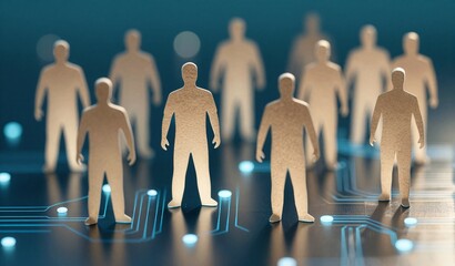 Silhouetted figures stand on glowing circuit paths, symbolizing human connection in a digital future.