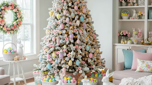 Easter Tree Elegance: A beautifully decorated Easter tree stands as a centerpiece in a cozy living room, adorned with pastel-colored ornaments and festive decorations.
