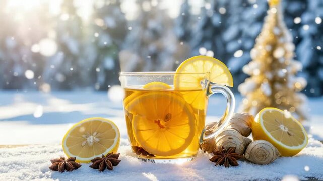 Winter Warmth: A steaming cup of lemon ginger tea, with slices of fresh lemon and ginger arranged artfully, rests invitingly in a snow-covered scene, embodying warmth and comfort during winter. 