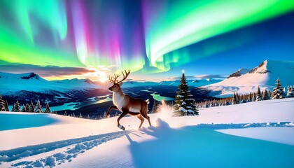 Majestic Reindeer Galloping Under Vibrant Northern Lights in Snowy Christmas Mountain Landscape