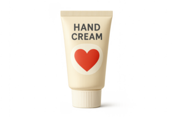 Hand cream tube with red heart label on transparent background