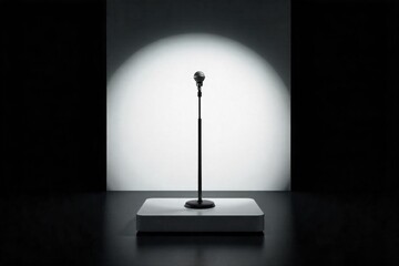 3D rendering of a metal stand in a dark room illuminated with a spotlight. AI Generated 3D rendering of a metal stand in a dark