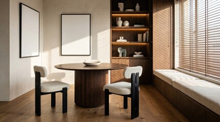 A modern dining area with a round wooden table and chairs bathed in natural sunlight.