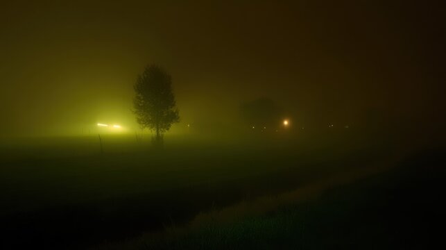 Mysterious Foggy Night Landscape with Lone Tree and Eerie Yellow Glow, Cinematic Atmospheric Mist in Darkness, Moody Liminal Space for Book Cover and Cinematic Background