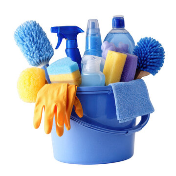 Cleaning Supplies Bucket with Sponges, Sprayers, and Gloves isolated on transparent background